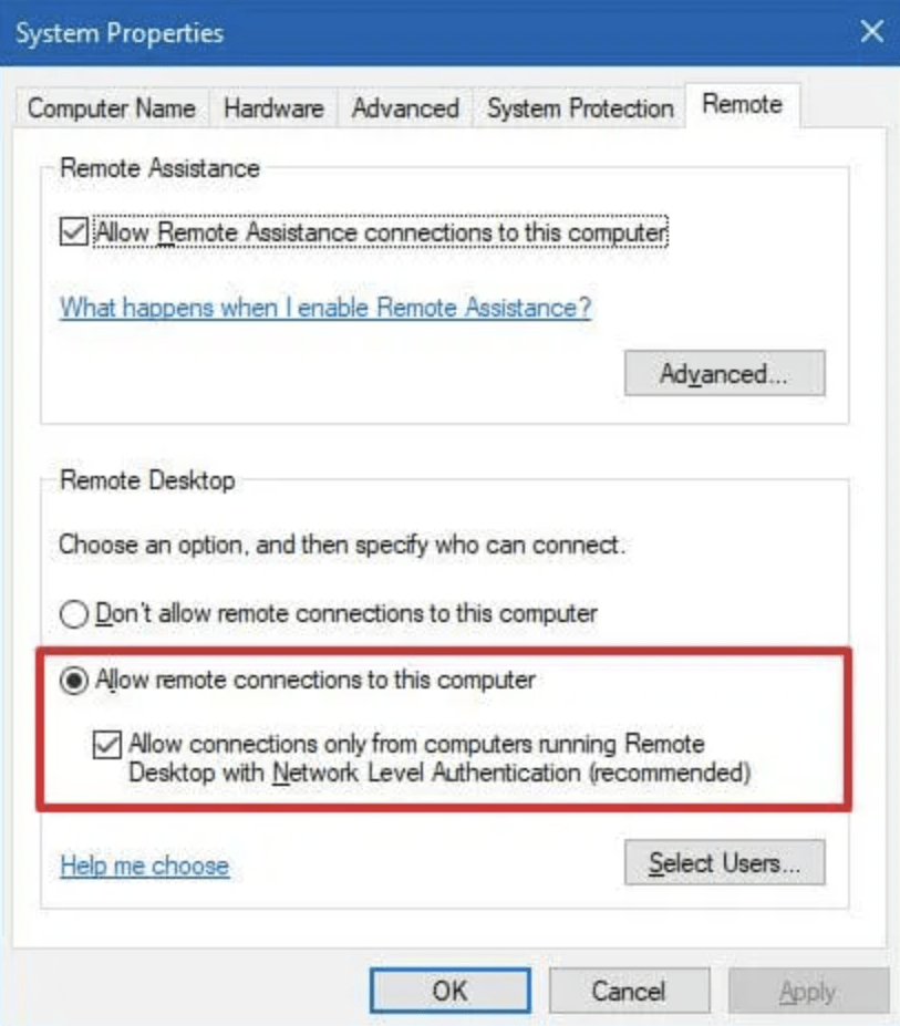 Windows System Properties screen with red box around option to allow remote connections to this computer